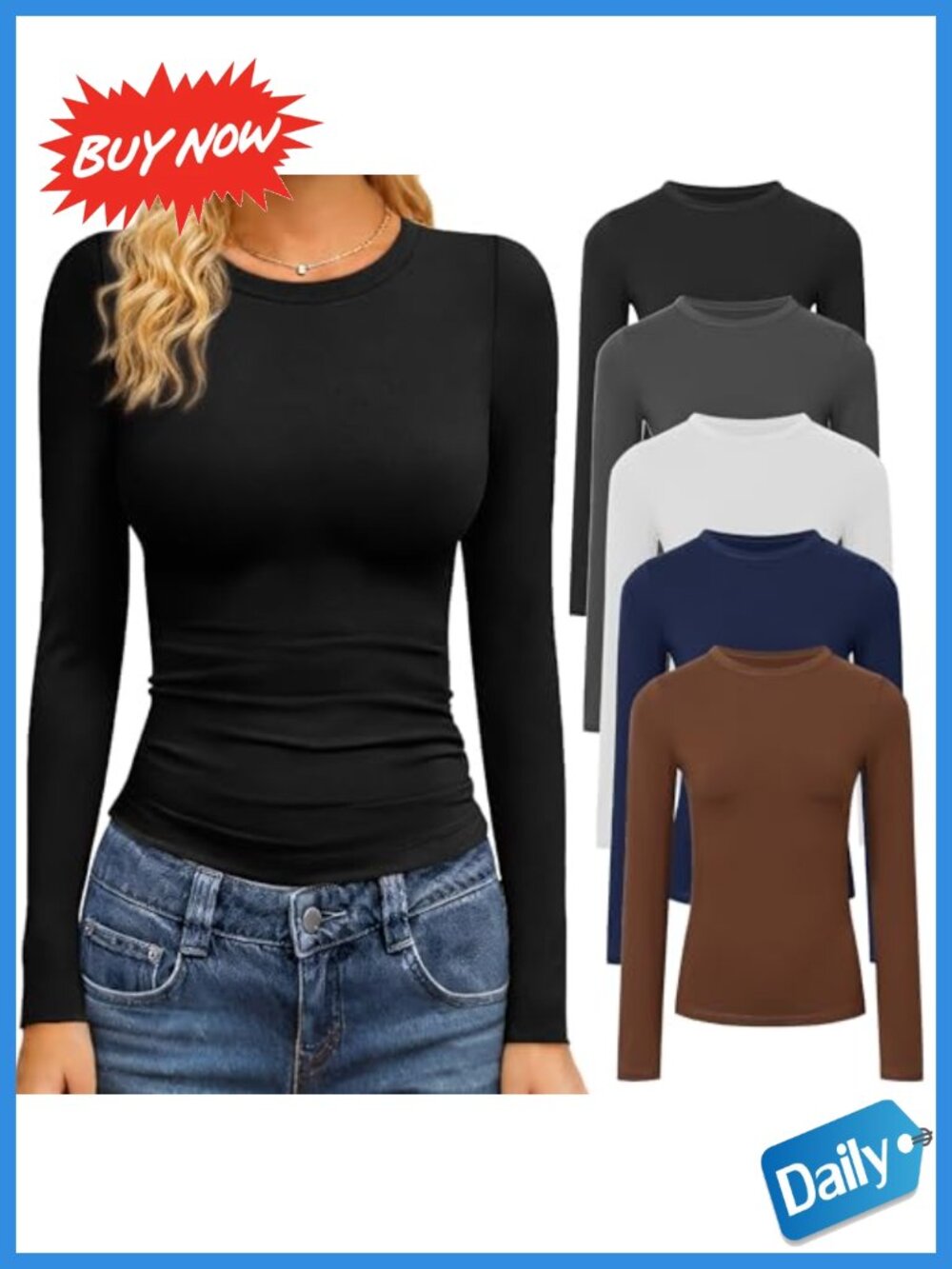 Womens Long Sleeve Crew Neck T Shirts Slim Fit Stretch Layering Tees